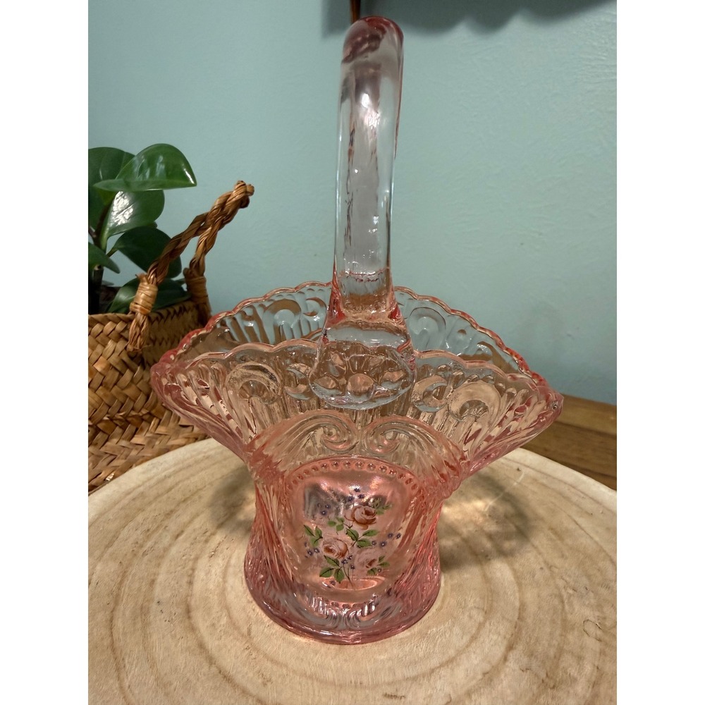 Vintage Pink Glass Basket Hand Painted Floral Roses Scalloped Edge 8 inch